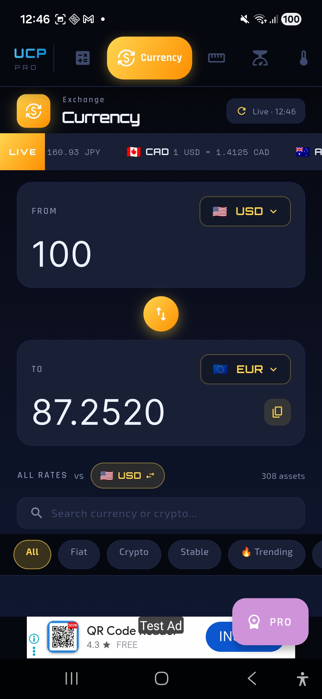 UCP Pro live currency exchange screen