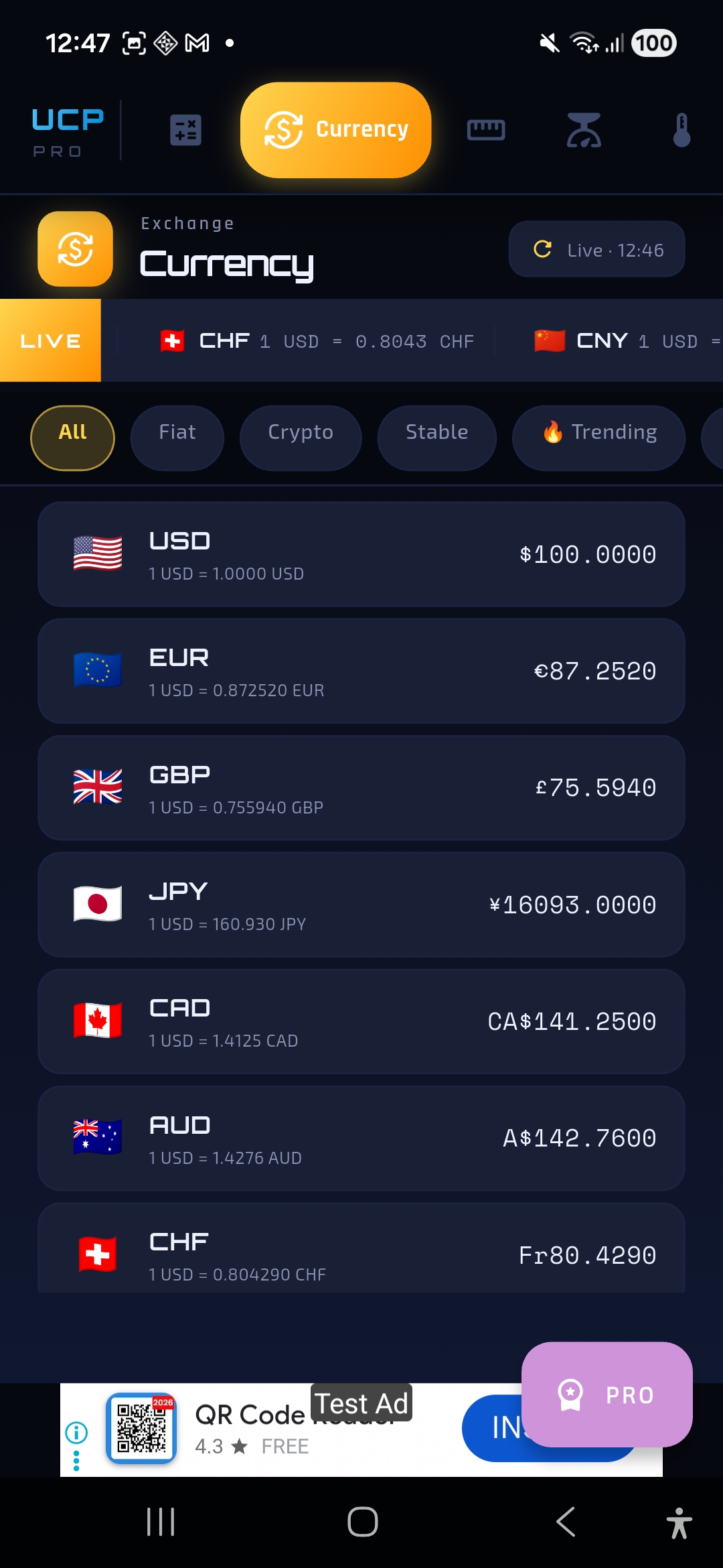 UCP Pro currency converter showing live USD to EUR rates