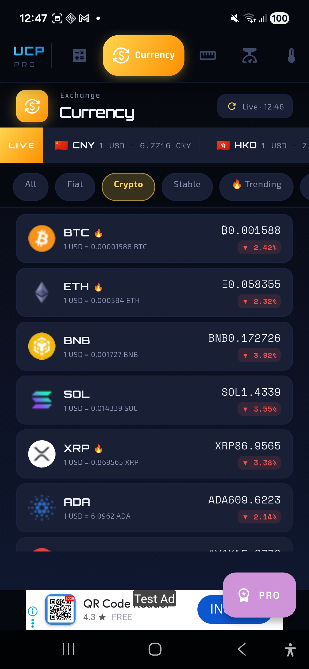 Crypto rates showing BTC ETH BNB SOL XRP ADA with live percentage changes