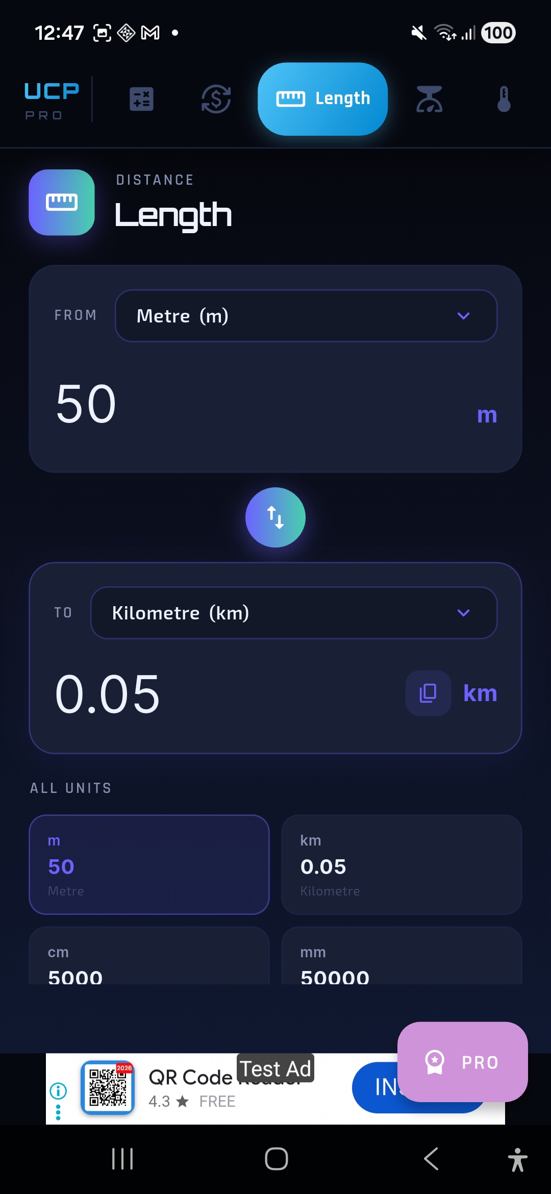 Length unit converter showing 50 metres to 0.05 kilometres with all units panel