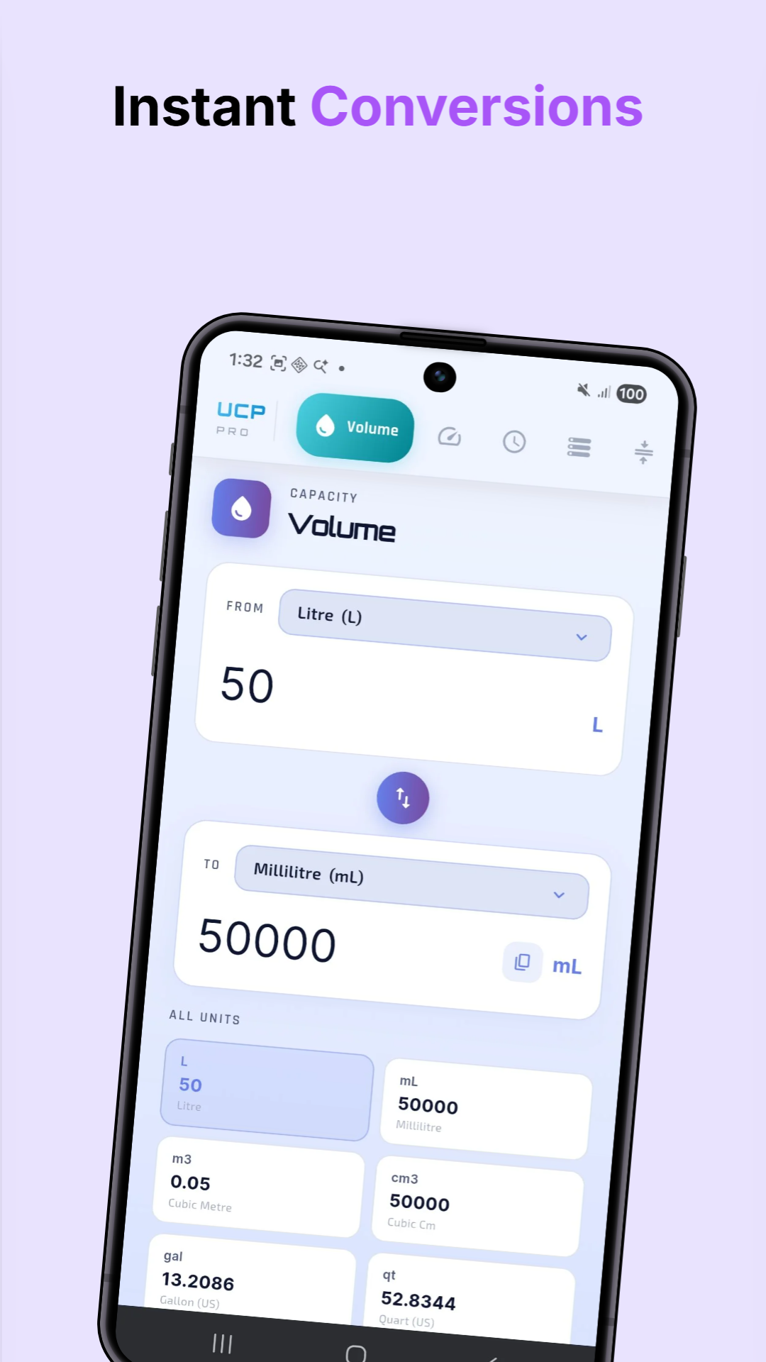 Volume converter showing 50 litres to 50000 millilitres with all unit equivalents