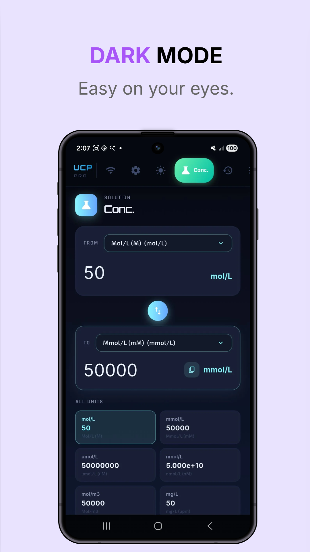 UCP Pro dark mode showing concentration unit converter