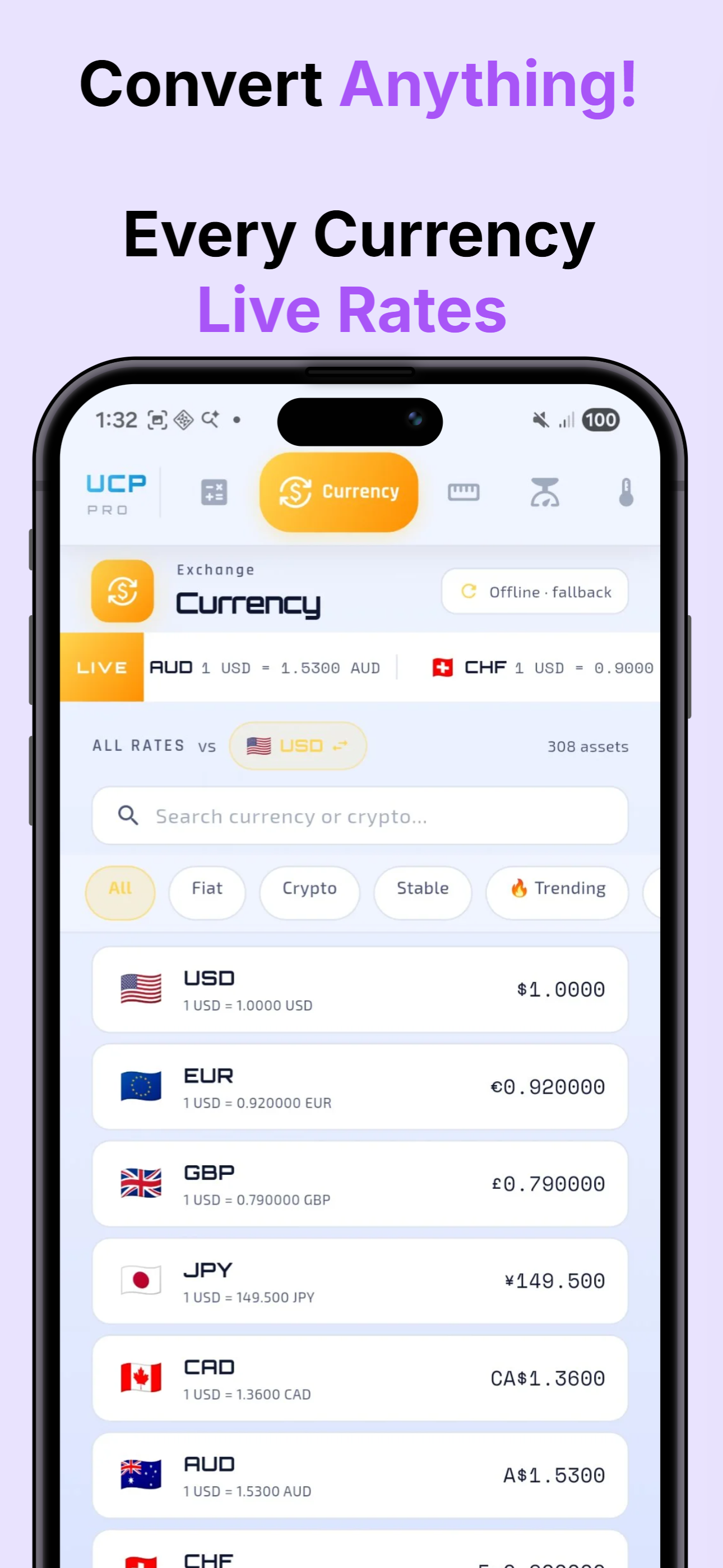 UCP Pro showing 500+ live currency and crypto rates including USD EUR GBP JPY BTC ETH